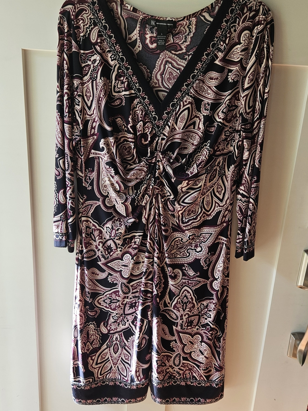 INC International Concepts Sz L ~ Black and Pink Paisley Long Sleeve Dress